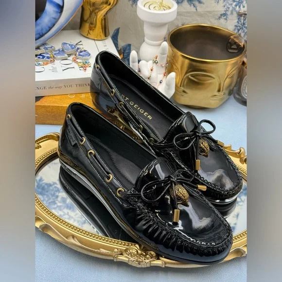 🆕 KURT GEIGER LONDON 🧿 NWOB Eagle Moccasins, Black Patent - Sz EU37 US 7
